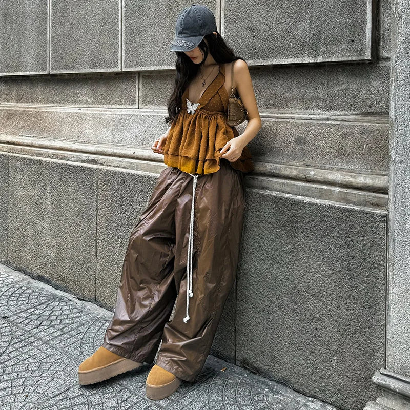 Women's Streetwear Pants Influencer Loose Casual Pleated Waist Hanging Rope Decoration Windproof Pocket Long Trousers Pants