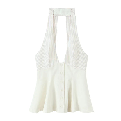 Women's New Fashion Stripe Splicing Tops Sleeveless Backless Crop Top Female Summer Sexy Slim Short Top