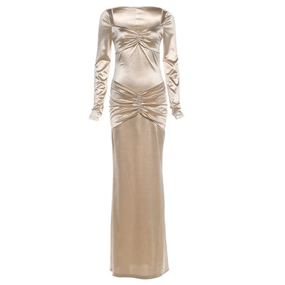 Women's Elegant Champagne Square Neck Long Sleeve Maxi Dress New Stylish Ruched Slim Bodycon Dress for Eveing Party Gown