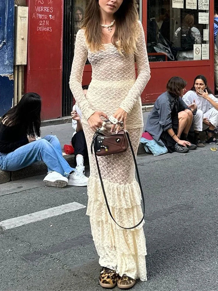 Lace Printed 2 Piece-Set Maxi Skirt For Women Ruffled See-Through Hollow Out Party Outfits Summer Female Long Skirt Sets