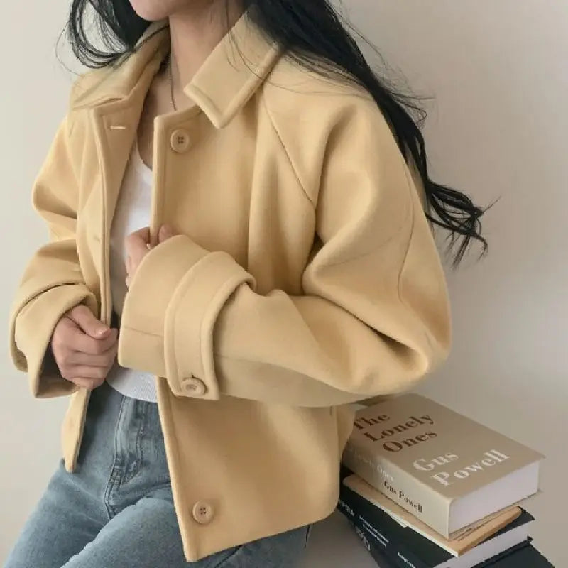 Short Cashmere Coat for Women, Wool Overcoat, Lapel Collar, Single Breasted, Female Outerwear, Autumn and Winter,