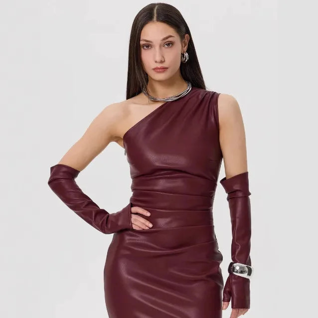 Faux Leather One Shoulder Ruched Bodycon Midi Dress