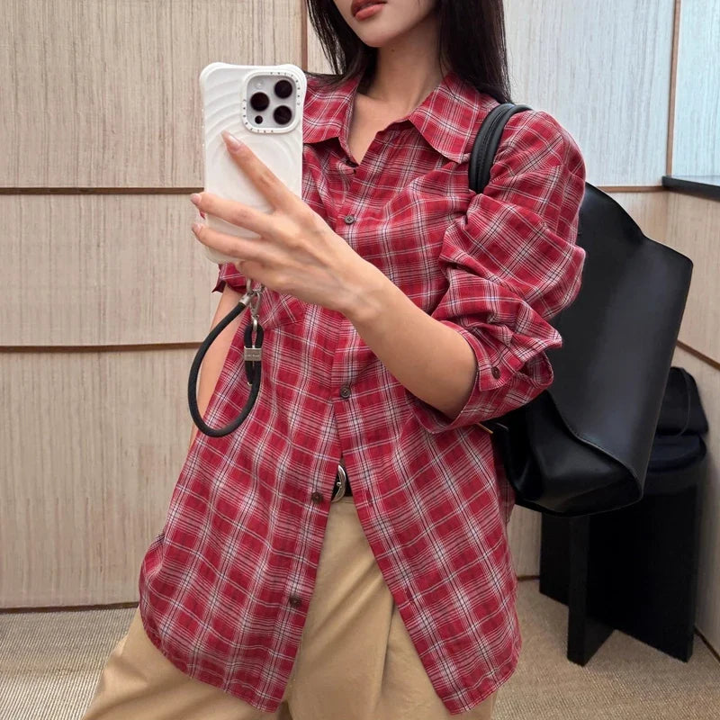 Women's Oversized Check Pocket Detail Shirt