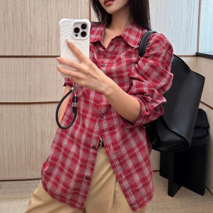 Women's Oversized Check Pocket Detail Shirt