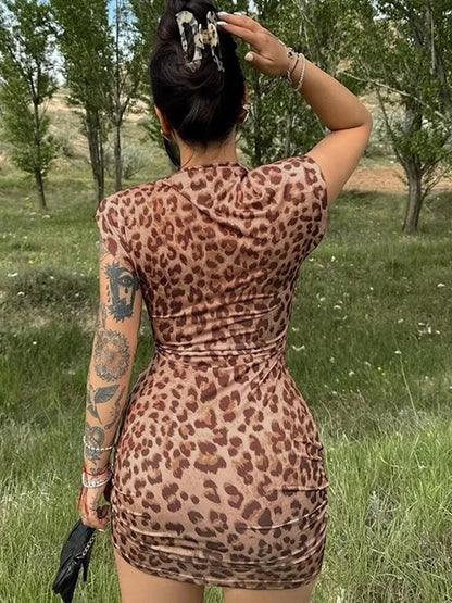 Bodycon Dress for Women Korean Fashion French Style Streetwear Dress Slim Folds Leopard Print 2024 New Spring Summer Dress