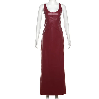 PU Leather Party Dresses For Women Night Sleeveless Split Long Dress Fall Winter Y2K Clothes 2024 Fashion Outfits