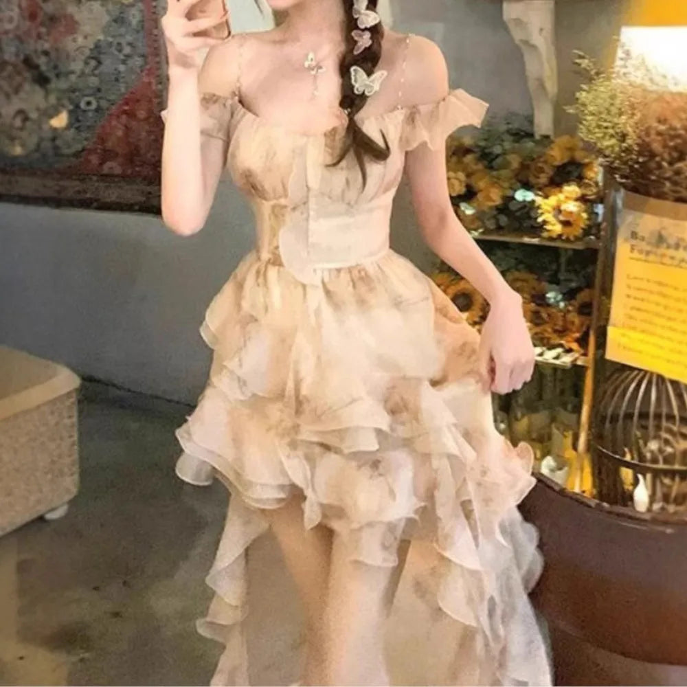 Irregular Romantic Dress Halter Floral Figure Flattering Puffy