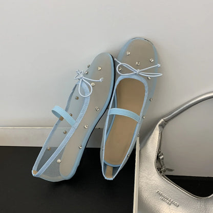 Water diamond mesh breathable shallow mouth single shoe for women's summer outdoor wear 2025 new flat bottomed bow ballet shoes