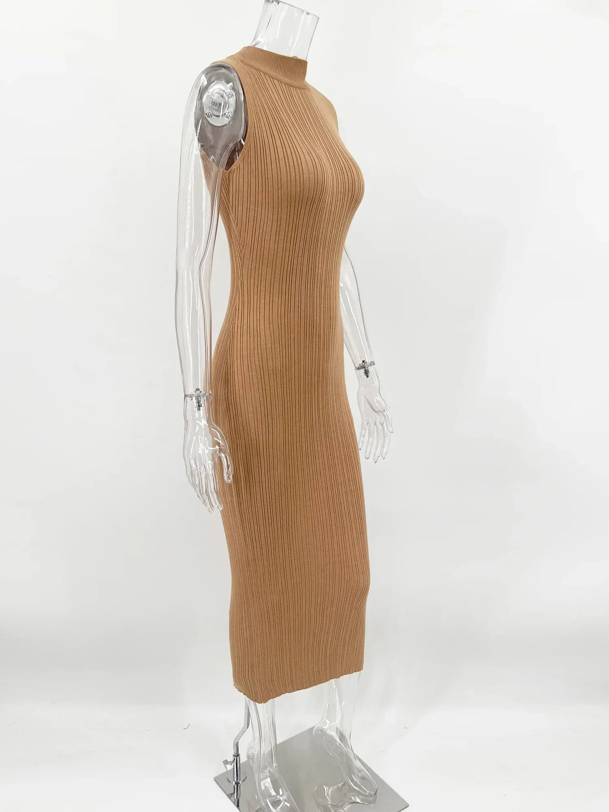 Mock Neck Sleeveless Rib Knit Bodycon Maxi Dress