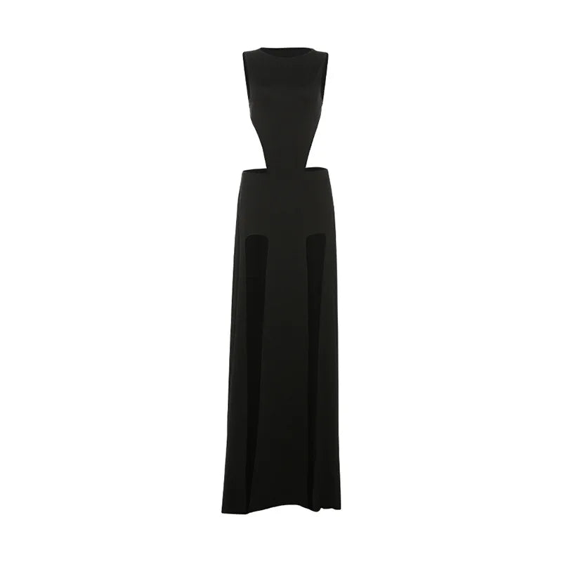 Sexy 2 Pieces Clothing Set Women Black O Neck Sleeveless Slim Bodysuit and High Slit Irregular Long Skirt Suit Y2K Outfits