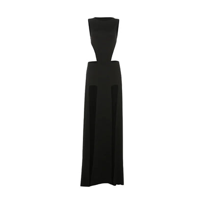 Sexy 2 Pieces Clothing Set Women Black O Neck Sleeveless Slim Bodysuit and High Slit Irregular Long Skirt Suit Y2K Outfits