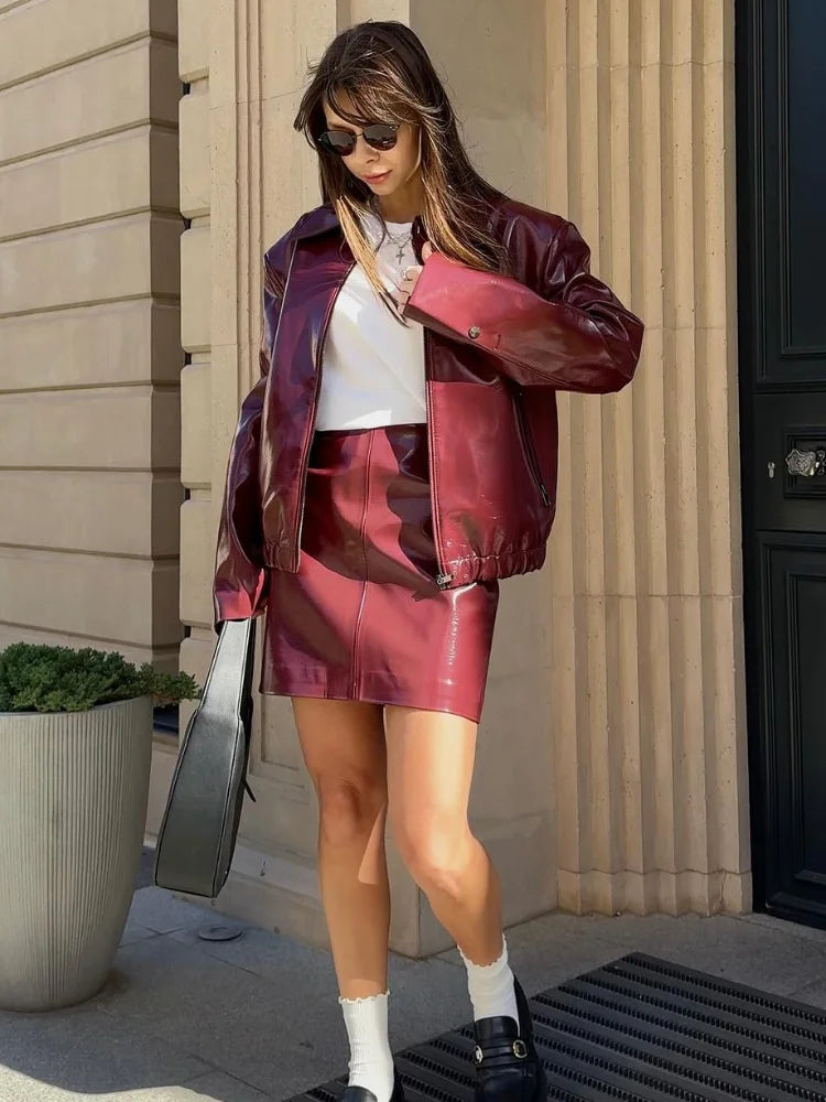 Women Elegant Ancora Red Zipper Leather Jacket 2 Piece Set Fashion High Waist Solid Cropped Mini Skirt Suit Lady Streetwear