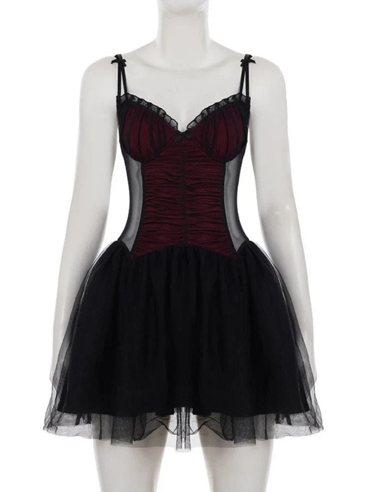 Gothic Black Bow Spaghetti Strap Dress Women Fashion Ruched V Neck Sleeveless Mesh Patchwork A Line Mini Dress Clubwear
