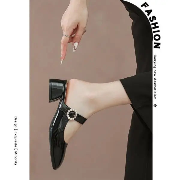 Square heel Female Shoes Ladies' Slippers Cover Toe String Bead Med Luxury Slides Block 2025 Summer Soft Designer Sewing Hoof He