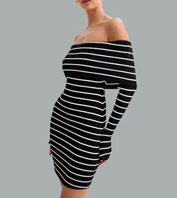 Off Shoulder Bardot Horizontal Stripe Rib Knit Long Sleeve Bodycon Mini Dress