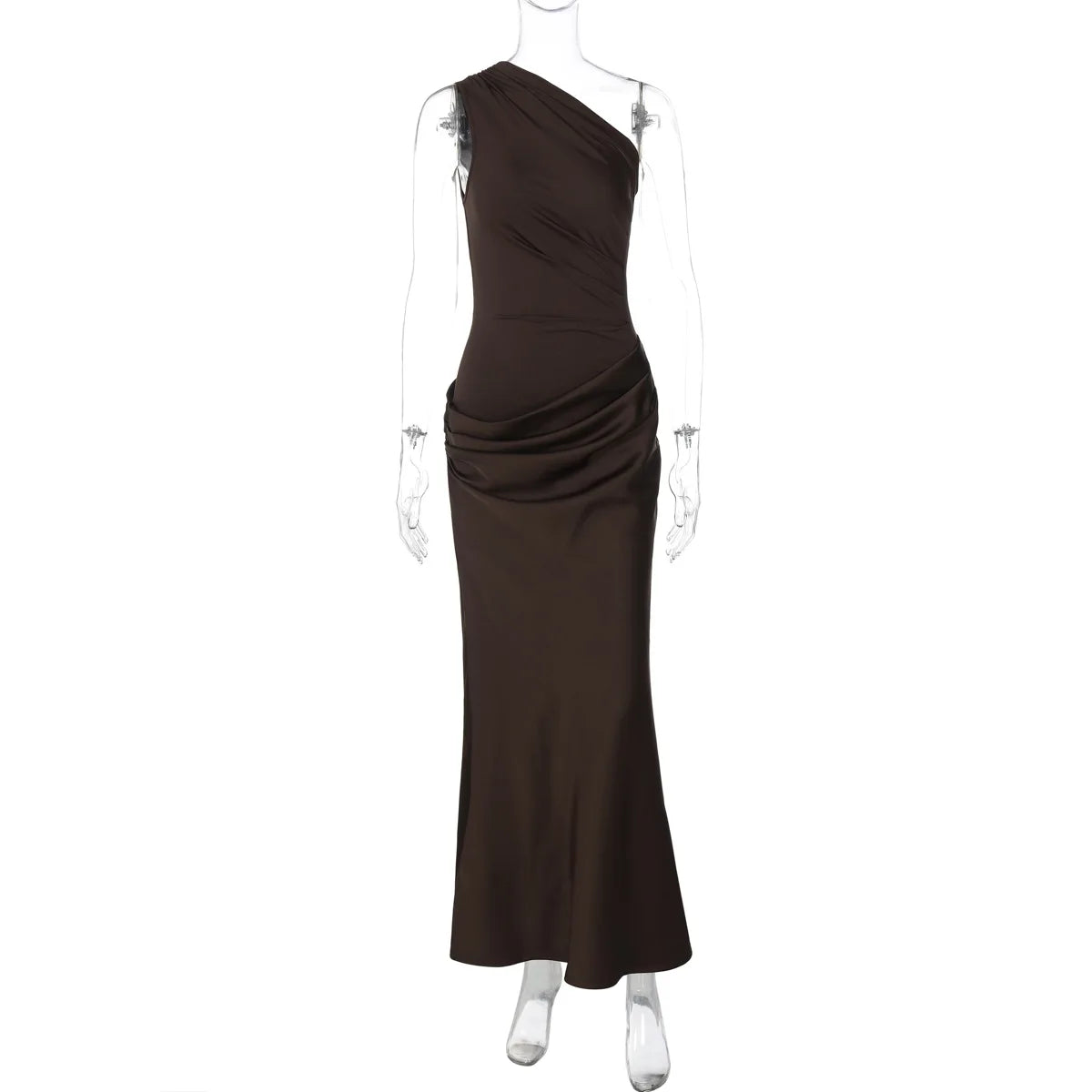 Sexy One Shoulder Sleeveless Maxi Dress Women Summer Fashion Diagonal Collar Satin Patchwork Ruched Slim Party Long Dress