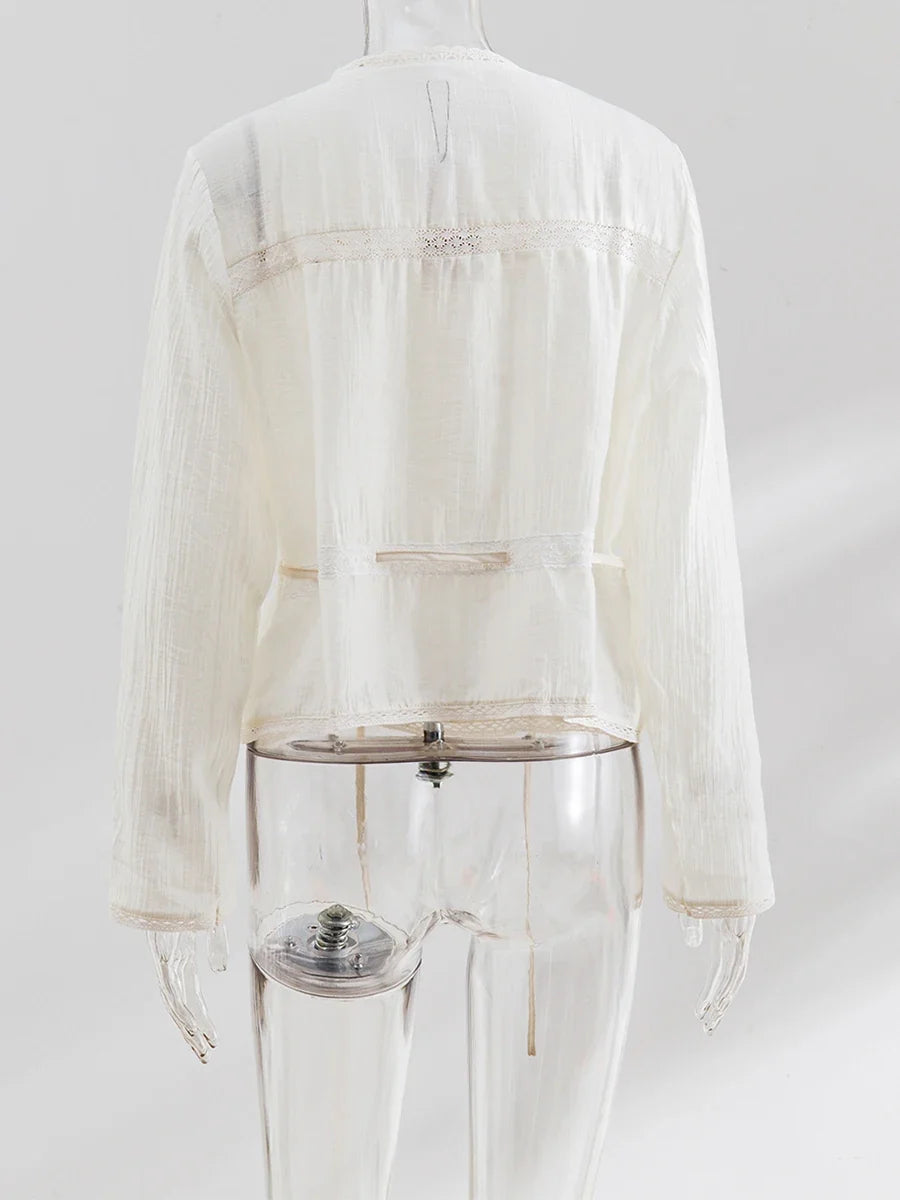 Solid Hollow Out Embroidery Blouse Women Spring Lace Trim O Neck Drawstring Blouses Elegant Casual Fashion Long Sleeve Shirt Top
