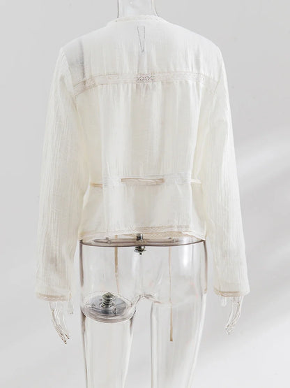 Solid Hollow Out Embroidery Blouse Women Spring Lace Trim O Neck Drawstring Blouses Elegant Casual Fashion Long Sleeve Shirt Top