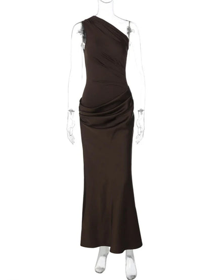 Sexy One Shoulder Sleeveless Maxi Dress Women Summer Fashion Diagonal Collar Satin Patchwork Ruched Slim Party Long Dress