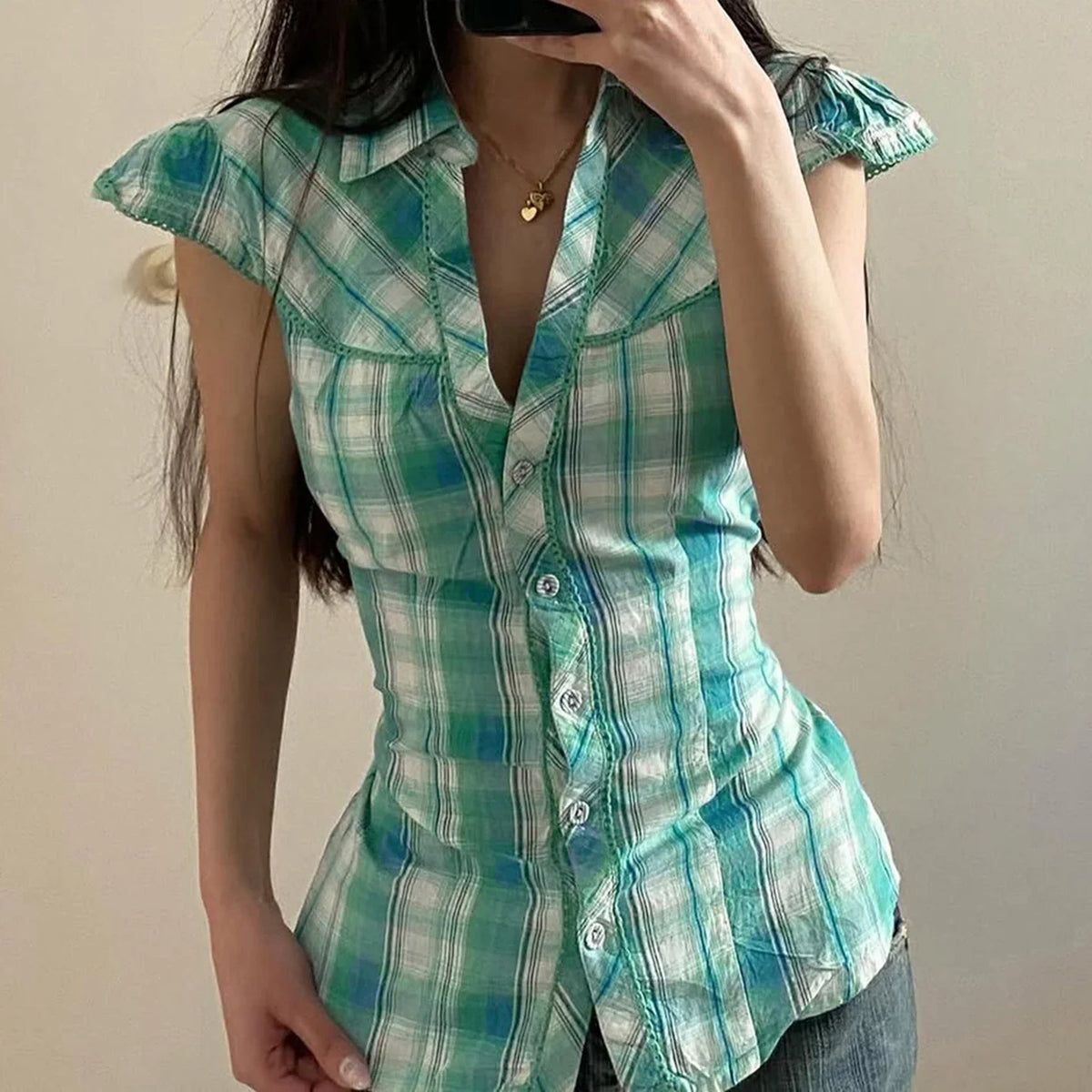 Green Plaid Print Blouse Vintage Turn-down Collar Single-breasted Top French Style Slim-fit Shirts Chic Fashion Clothes