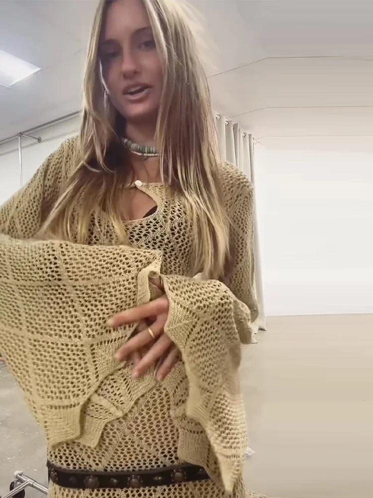 Open Knit Off Shoulder Cover-Up Top Flare Long Sleeve Scalloped Hem Spring Women Knit Pullover Beachy Lady Cover-Up