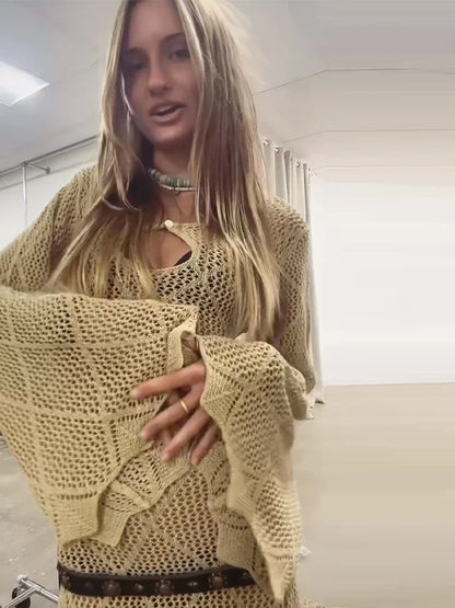 Open Knit Off Shoulder Cover-Up Top Flare Long Sleeve Scalloped Hem Spring Women Knit Pullover Beachy Lady Cover-Up