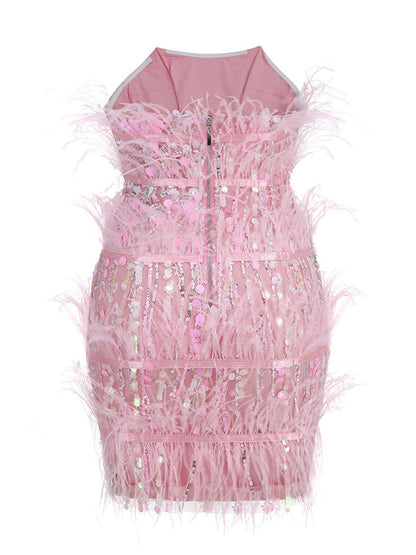 Strapless Tiered Feather Sequin Bodycon Mini Dress