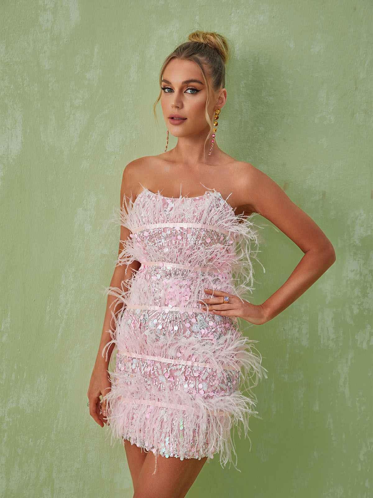 Strapless Tiered Feather Sequin Bodycon Mini Dress