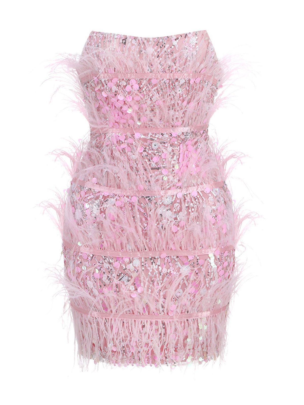 Strapless Tiered Feather Sequin Bodycon Mini Dress