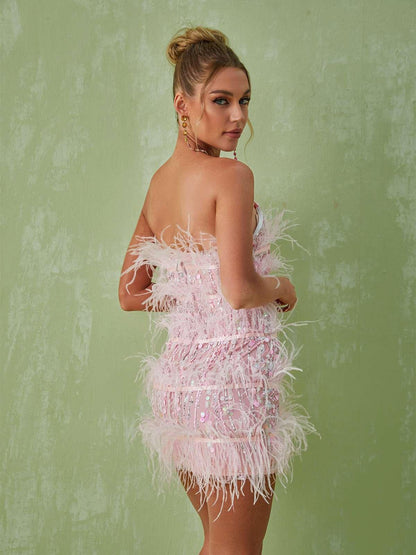 Strapless Tiered Feather Sequin Bodycon Mini Dress