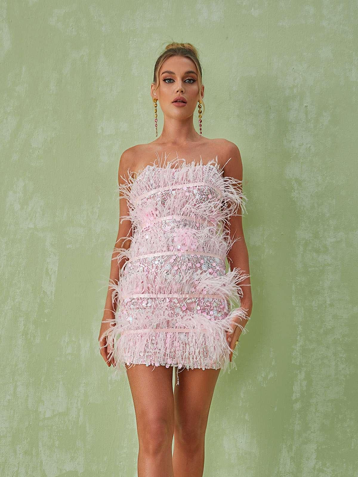 Strapless Tiered Feather Sequin Bodycon Mini Dress