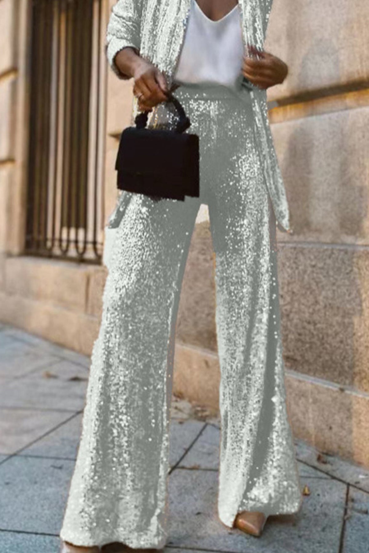 Sequin Long Sleeve Blazer Flare Long Pants Set