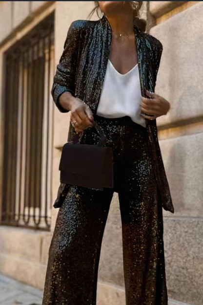 Sequin Long Sleeve Blazer Flare Long Pants Set