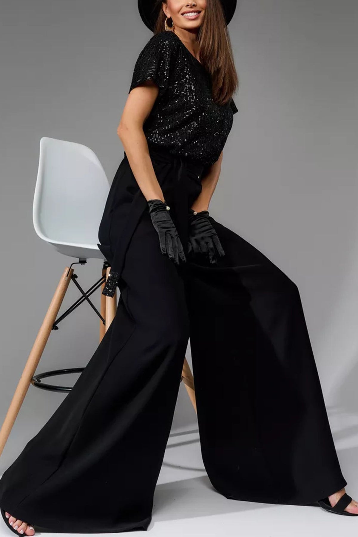 Sequin Patchwork Short Sleeve High Waist Jumpsuits