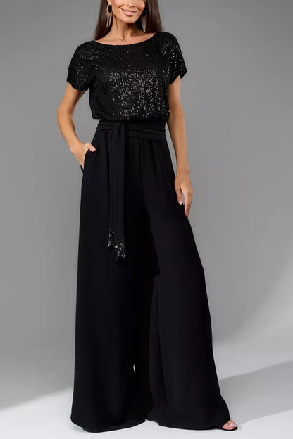 Sequin Patchwork Short Sleeve High Waist Jumpsuits