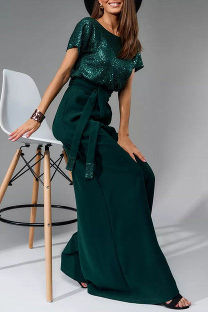 Sequin Patchwork Short Sleeve High Waist Jumpsuits