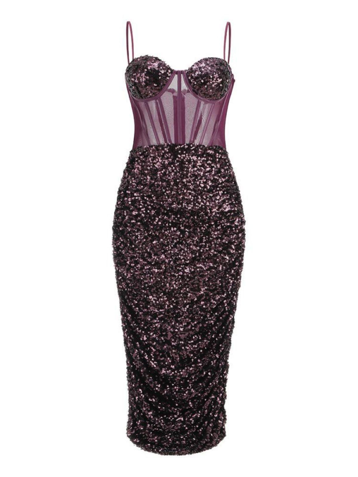 Sweetheart Sequin Corset Mesh Midi Dress
