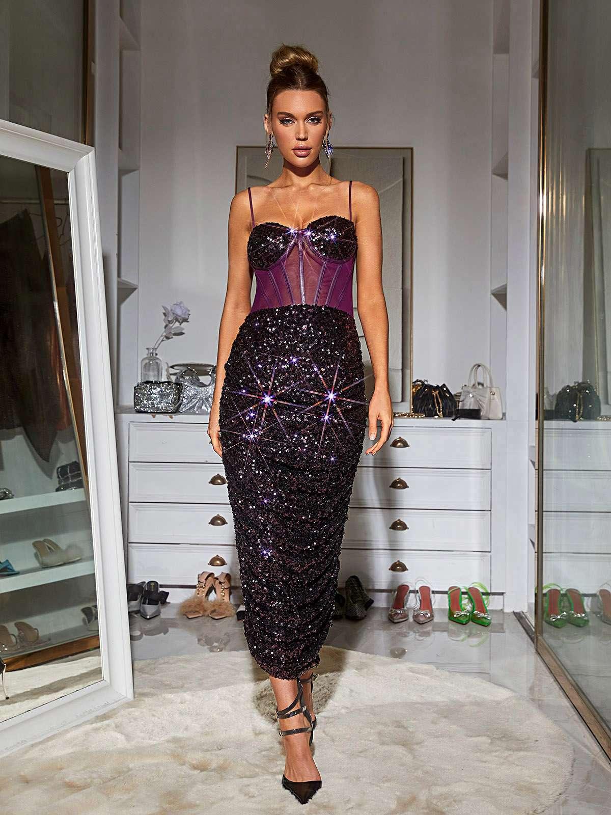 Sweetheart Sequin Corset Mesh Midi Dress