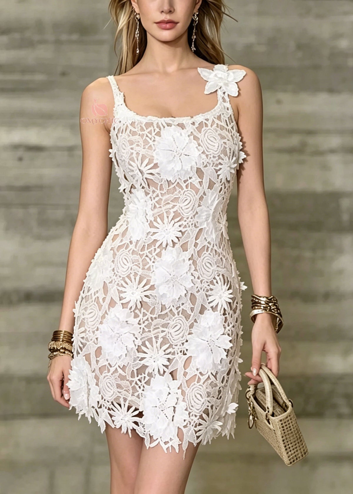 Floral Applique Guipure Lace Scoop Neck Spaghetti Strap Mini Dress