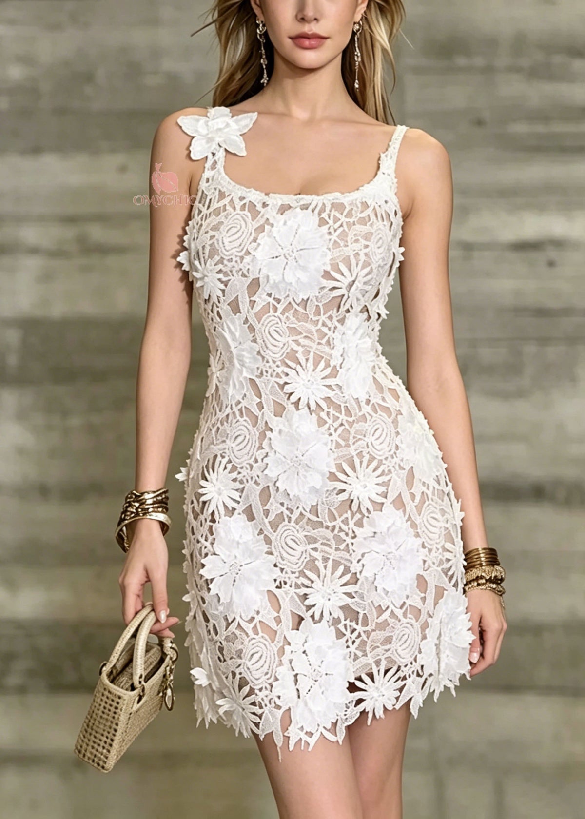 Floral Applique Guipure Lace Scoop Neck Spaghetti Strap Mini Dress