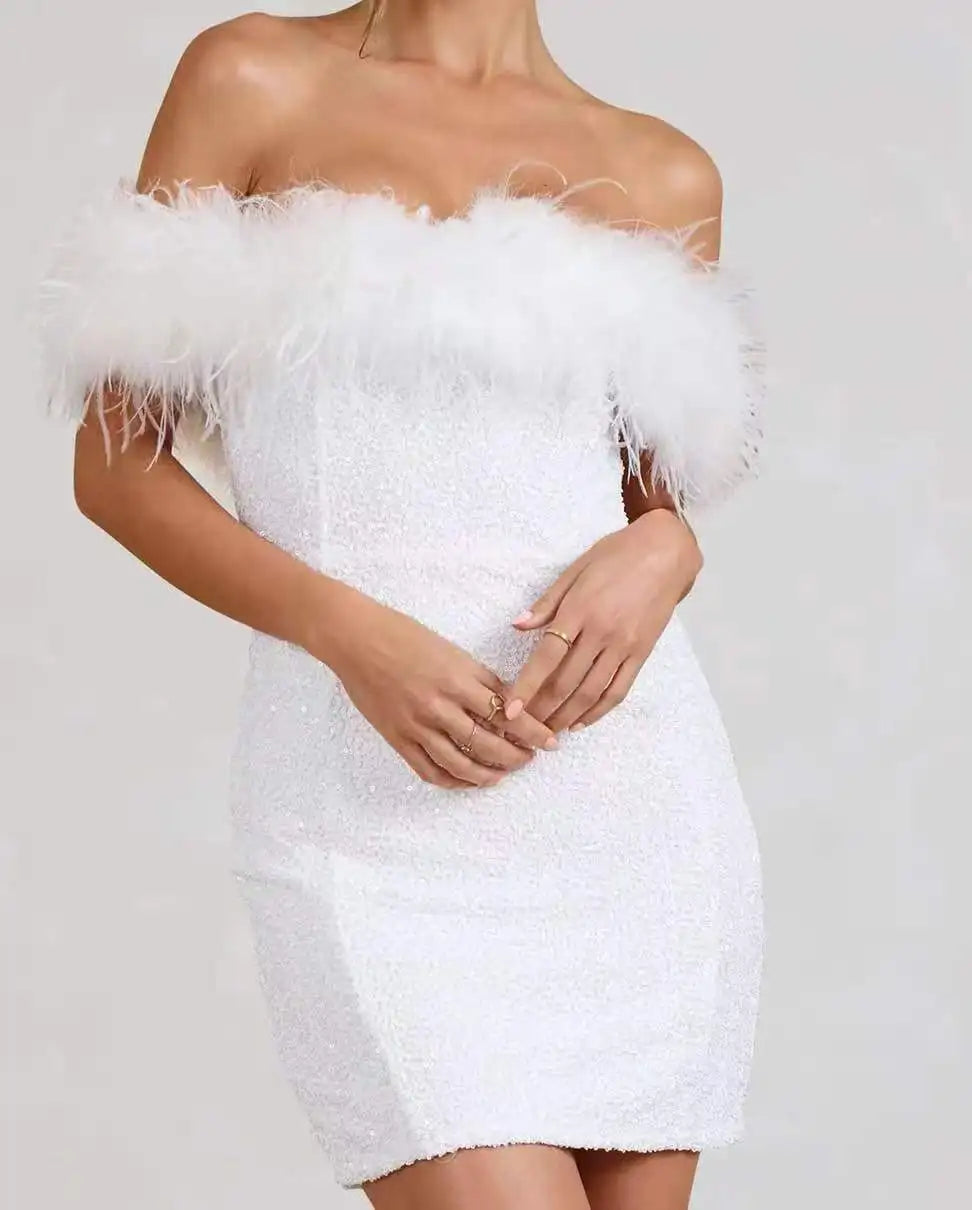 Backless Glitter Feather Slim Party Dress