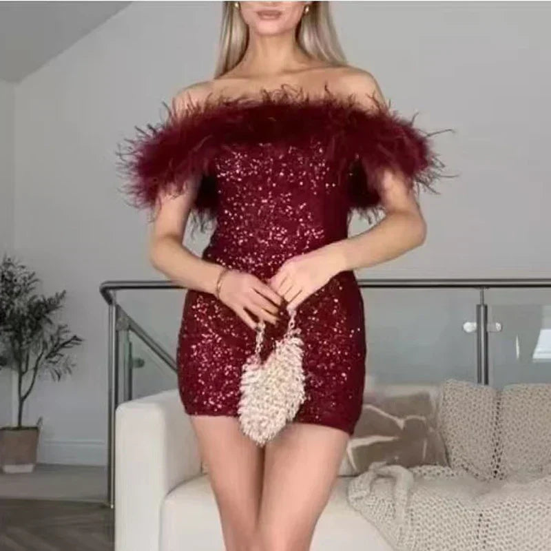 Backless Glitter Feather Slim Party Dress