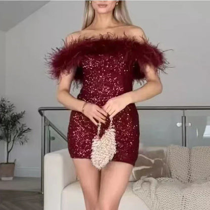 Backless Glitter Feather Slim Party Dress
