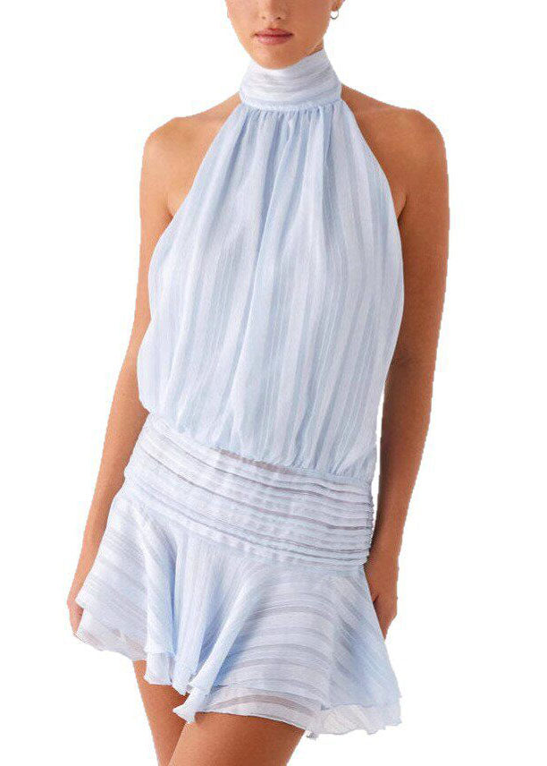 Halter Neck Smocked Drop Waist Tiered Ruffle Mini Dress