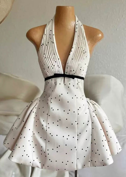 Halter Deep V-Neck Accordion Pleat Waist Bow Polka Dot Bubble Hem Mini Dress