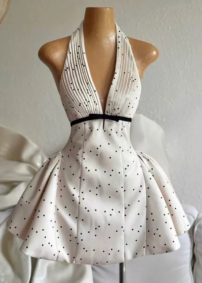 Halter Deep V-Neck Accordion Pleat Waist Bow Polka Dot Bubble Hem Mini Dress