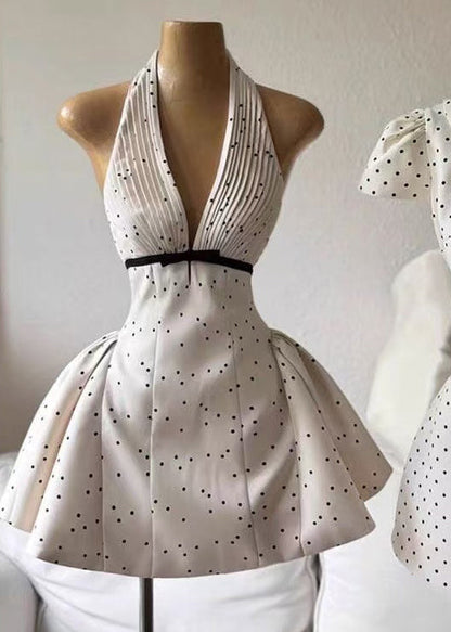 Halter Deep V-Neck Accordion Pleat Waist Bow Polka Dot Bubble Hem Mini Dress