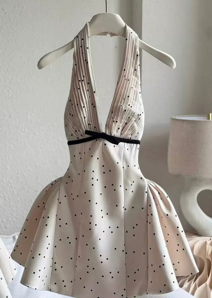 Halter Deep V-Neck Accordion Pleat Waist Bow Polka Dot Bubble Hem Mini Dress