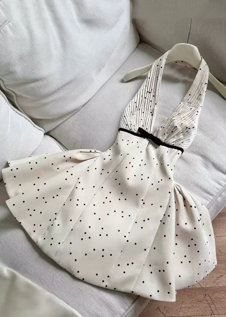 Halter Deep V-Neck Accordion Pleat Waist Bow Polka Dot Bubble Hem Mini Dress