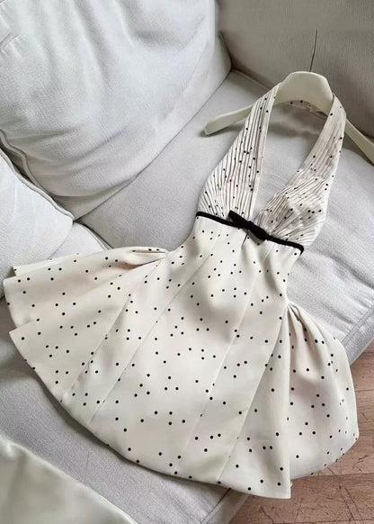 Halter Deep V-Neck Accordion Pleat Waist Bow Polka Dot Bubble Hem Mini Dress